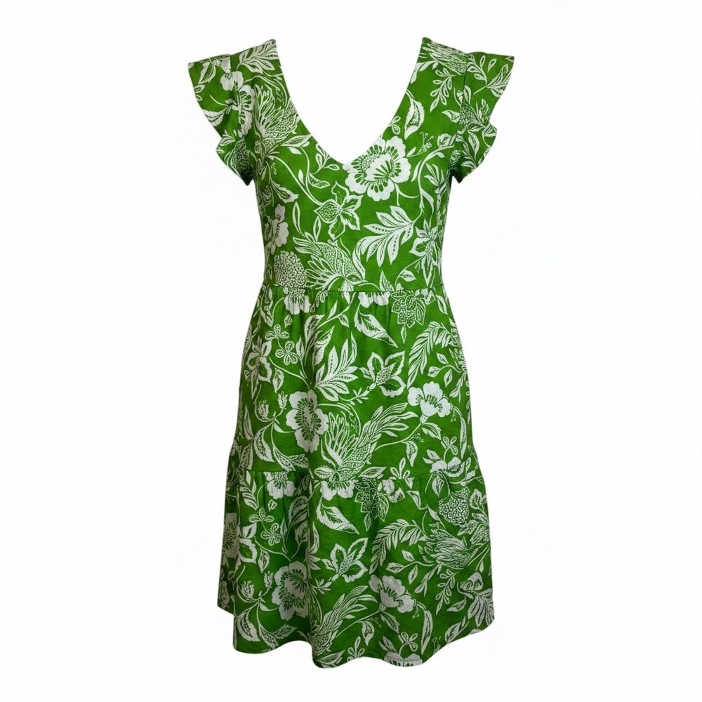 Goodthreads Green Floral Linen Blend Flutter Sleeve Tiered Mini Dress Womens M‎
